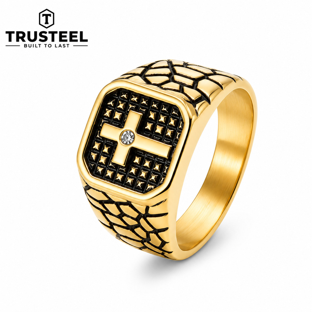 316L Stainless Steel Cross Ring CZ Christian Men’s Signet Ring Gold Band size 10